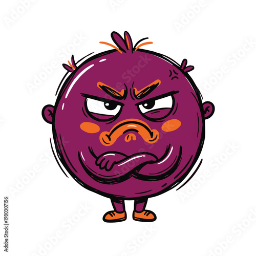 A doodle of an angry emoji character with purple skin and orange details