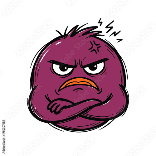 A purple emoji doodle of an angry bird with furrowed brow and crossed arms