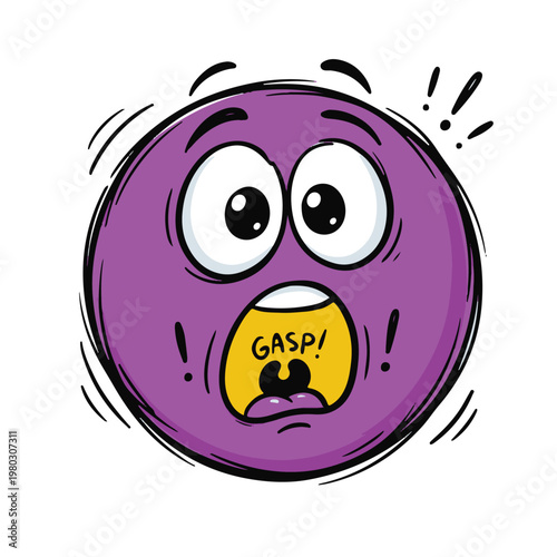 A shocked purple emoji doodle gasps in surprise with wide eyes.