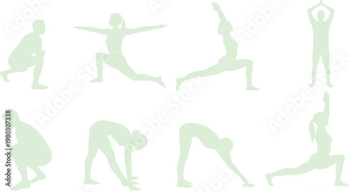 Flat vector green silhouettes yoga, stretching, balance, flexibility, exercise, wellness routine