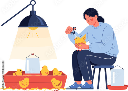 Farm Worker Caring for Baby Chicks Icon Featuring Chickens, Brooding Lamp, and Poultry Care for Animal, Farming, and Rural Design Projects