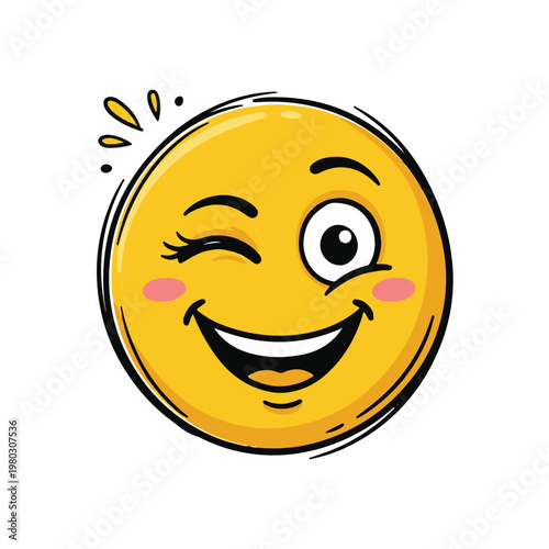 A playful doodle of a happy emoji with rosy cheeks and a wink.
