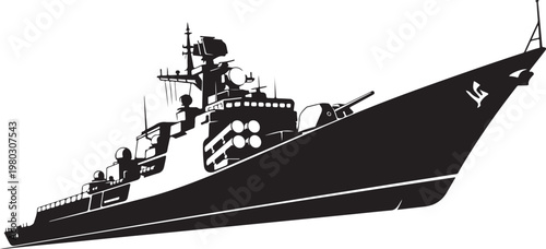 Black warship, naval vessel, military boat, silhouette icon