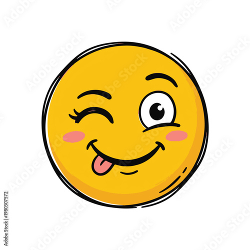 A playful emoji doodle of a smiling face with tongue out and winking eye