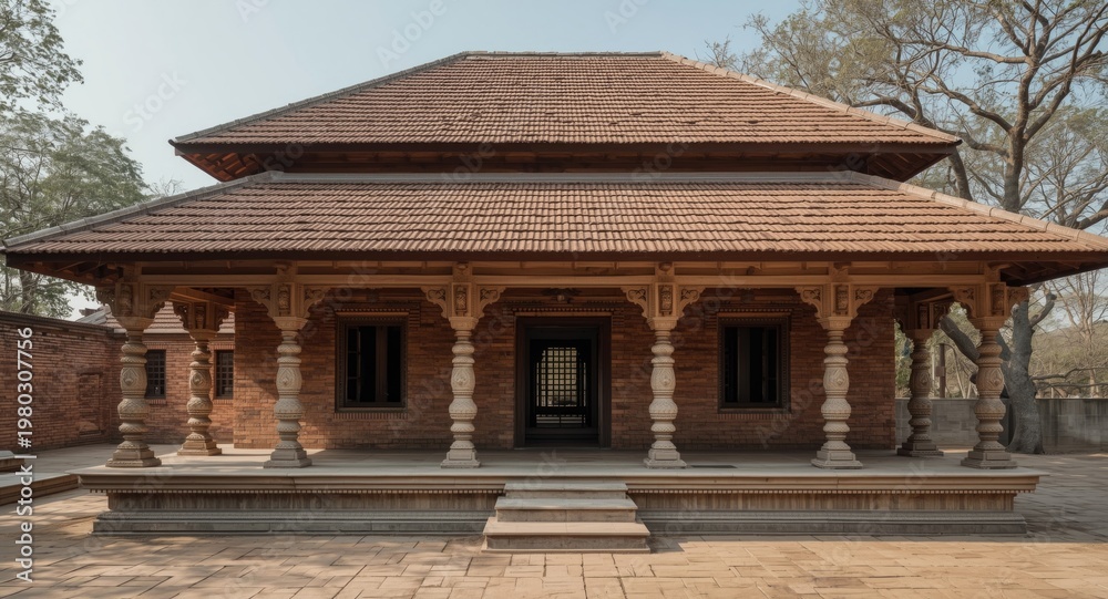 Fototapeta premium Traditional Indian home featuring a brick roof supported by carved wooden pillars