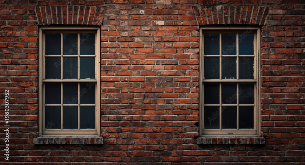 Fototapeta premium Weathered wooden window frames adorned on textured red brick wall with rustic influences