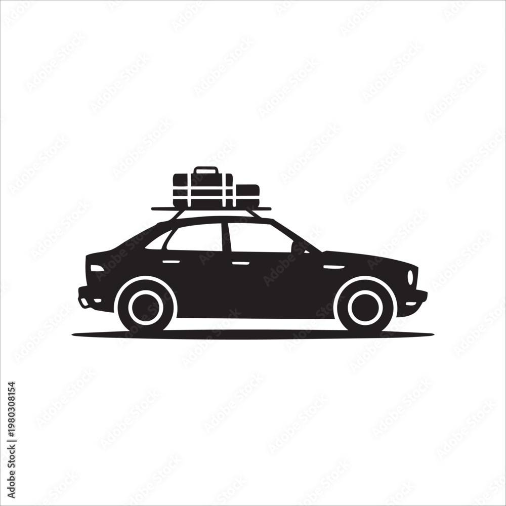 Obraz premium Car silhouette with luggage on roof rack for travel road trip.