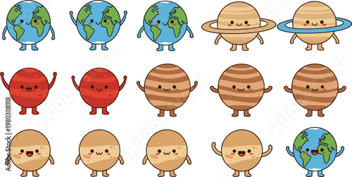 Cute solar system planet characters vector set with earth mars saturn and smiling space objects cartoon illustration