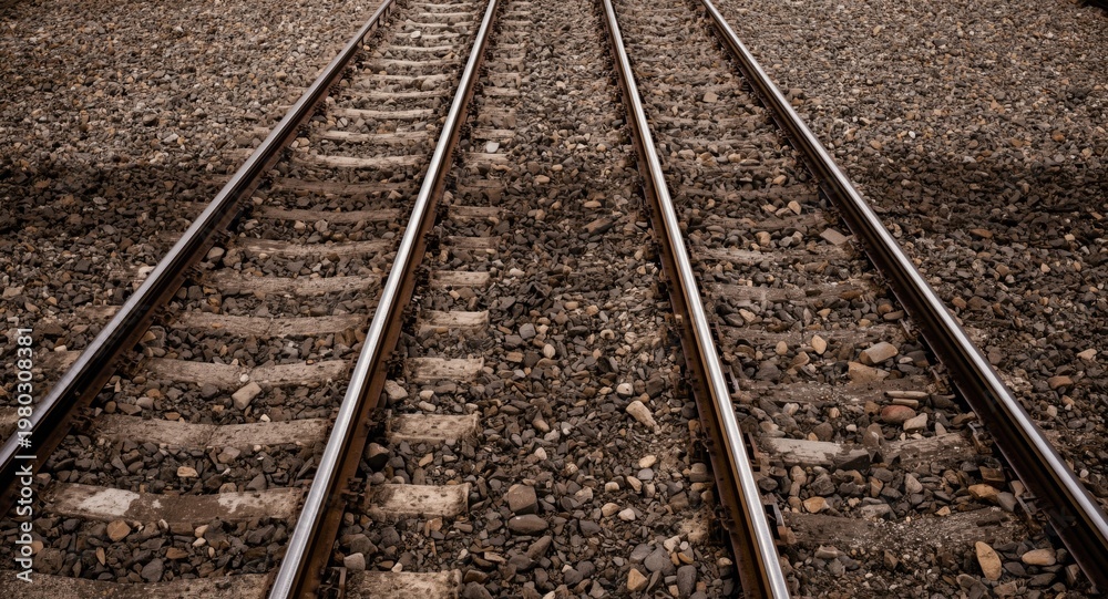 Fototapeta premium Textured background with metallic iron rails arranged on railroad transportation lines