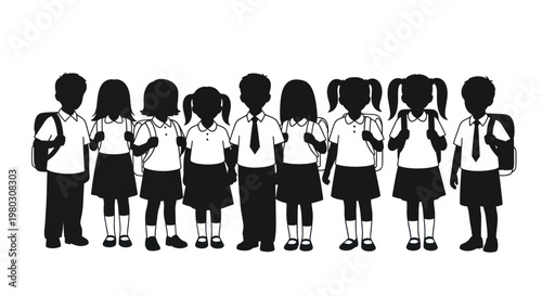 Diverse group of diverse schoolchildren standing in silhouette, ready for learning