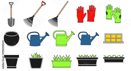 Gardening Tools and Supplies Flat Icons Set