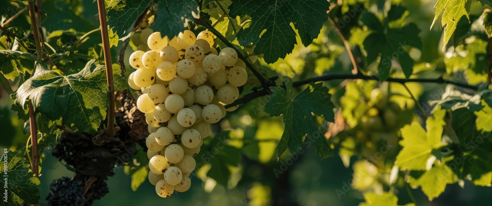 Naklejka premium White grape cluster on vine with assorted green leaves under natural vineyard light