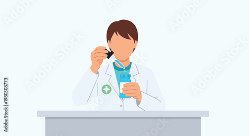 A professional doctor in a white coat carefully uses a pipette to dispense medicine into a blue bottle in this medical vector illustration.