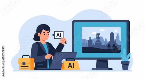 Businesswoman pointing at computer screen.