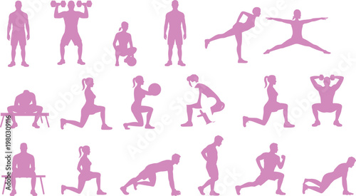 Flat vector pink silhouettes fitness, workout, exercise, running, stretching, strength training