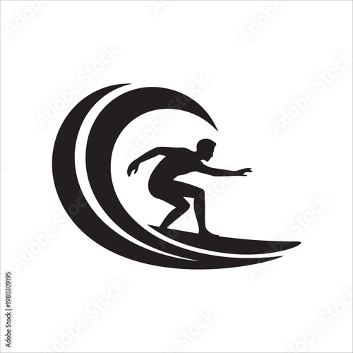 Black silhouette of surfer catching large ocean wave on surfboard icon.