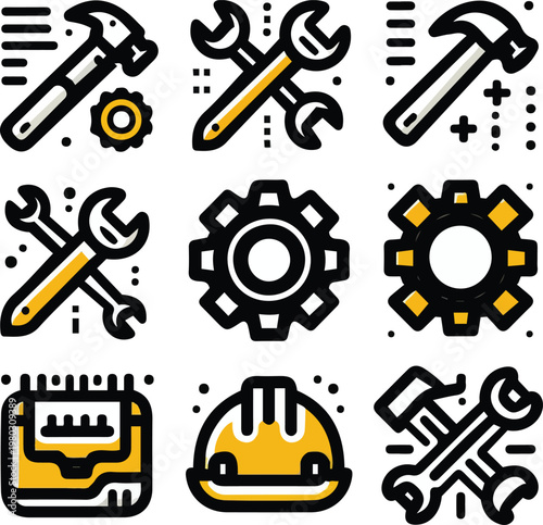 Construction Tools Gear Hammer Wrench Helmet Icons Set
