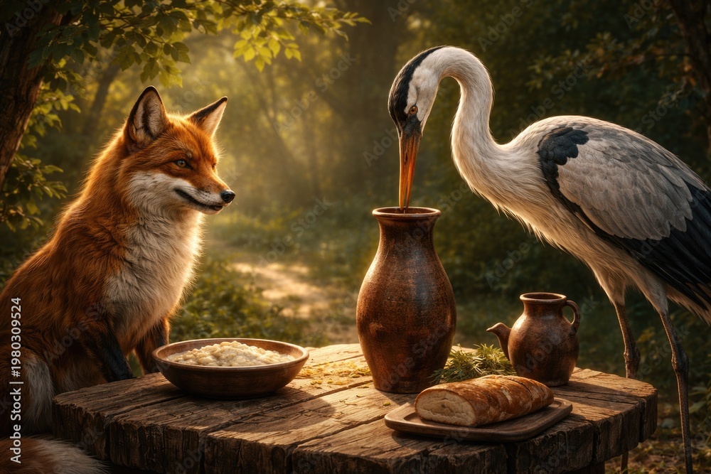 Fototapeta premium Fox and Crane Sharing a Meal in a Fable Forest Setting