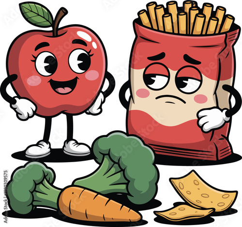 Healthy vs Junk Food Cartoon Apple and Fries Funny Nutrition Illustration