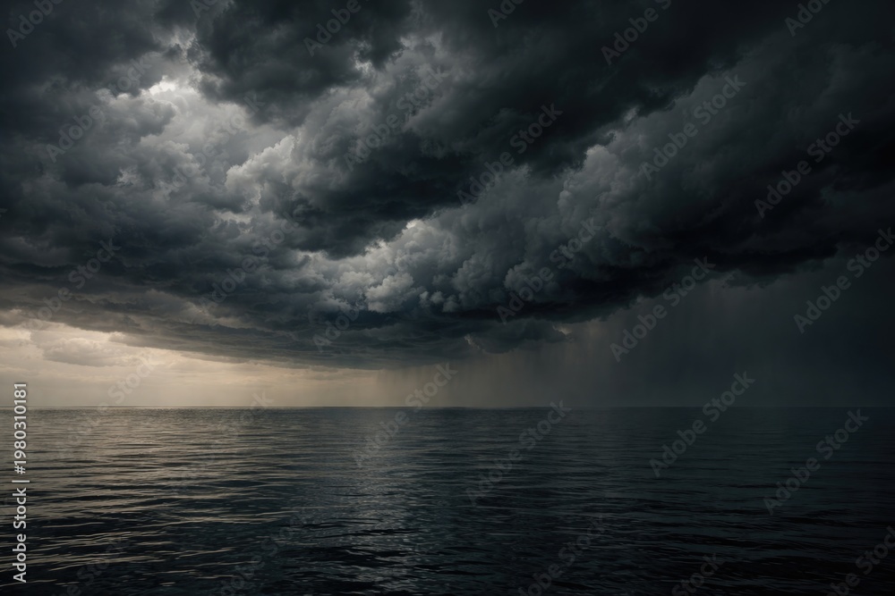 Fototapeta premium Stormy dark clouds looming over calm horizon with muted tones