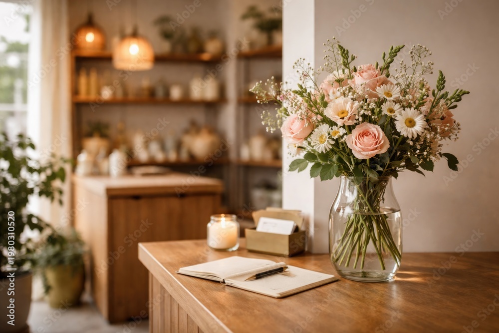 Naklejka premium Cozy business shop corner featuring clear glass vase with fresh flowers on wooden desk and copy space