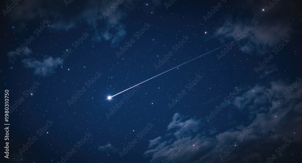 Naklejka premium Vivid night sky featuring a dark blue background with numerous shooting stars crossing scattered clouds