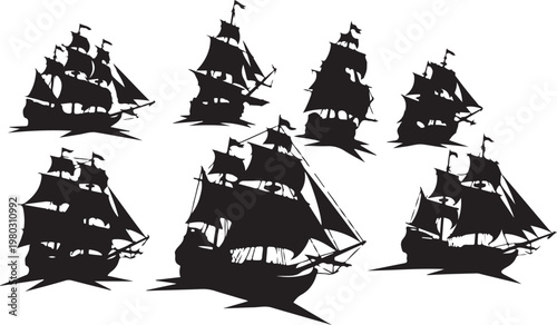 Black sailboat, ship silhouettes, nautical icons, vector graphics