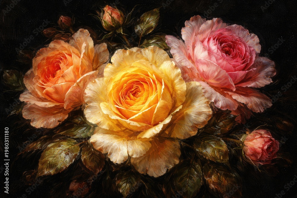 Obraz premium Macro close up vintage painting of yellow orange and pink roses on black background