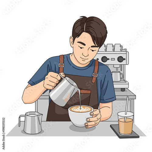 Vector illustration of a male barista in an apron pouring steamed milk from a pitcher into a white cup to create latte art, featuring an espresso machine and iced coffee background.