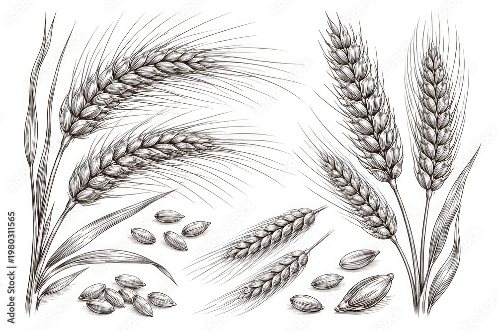 Fototapeta premium Outline sketches of barley and wheat grains on white background