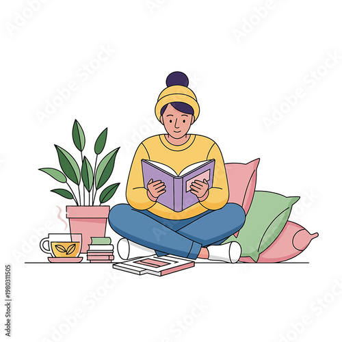 Woman sitting crosslegged reading book 1.