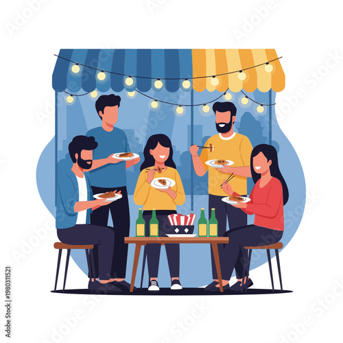 Vector illustration of a group of five diverse friends sharing street food at an outdoor night market stall featuring a striped awning, string lights, bottled drinks, and snacks on plates.