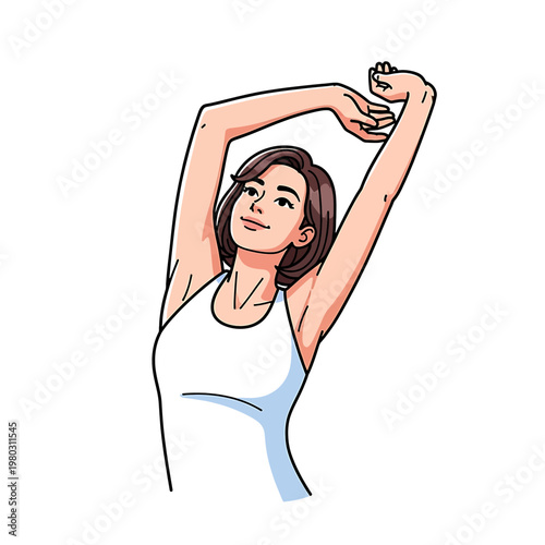 Woman stretching her arms up high 5.