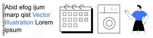 Organization, productivity, scheduling, daily tasks, home appliances, lifestyle. A calendar, washing machine and person pointing. Organization and scheduling concept with a focus on daily routines