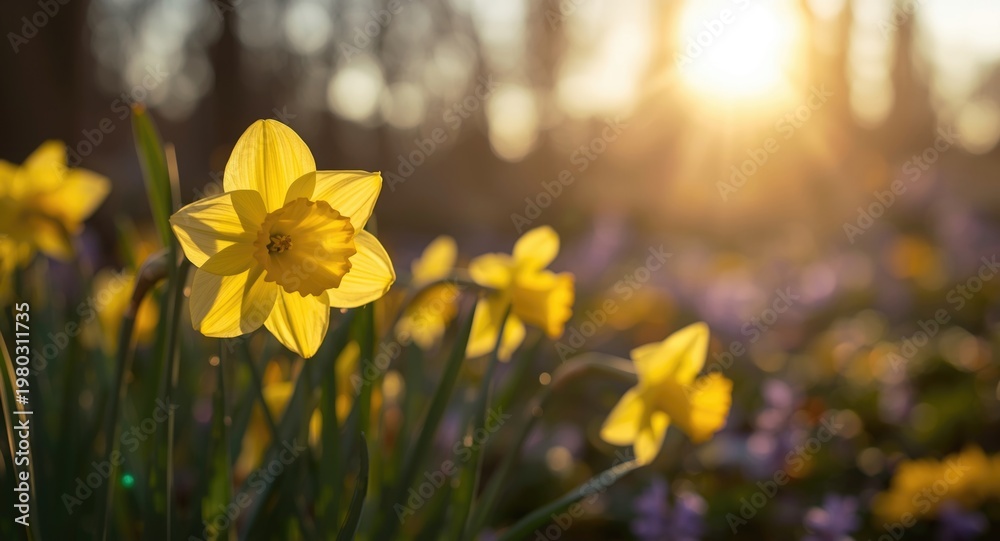 Obraz premium Sunlit bright yellow daffodil blossoms enhancing scenic floral background views