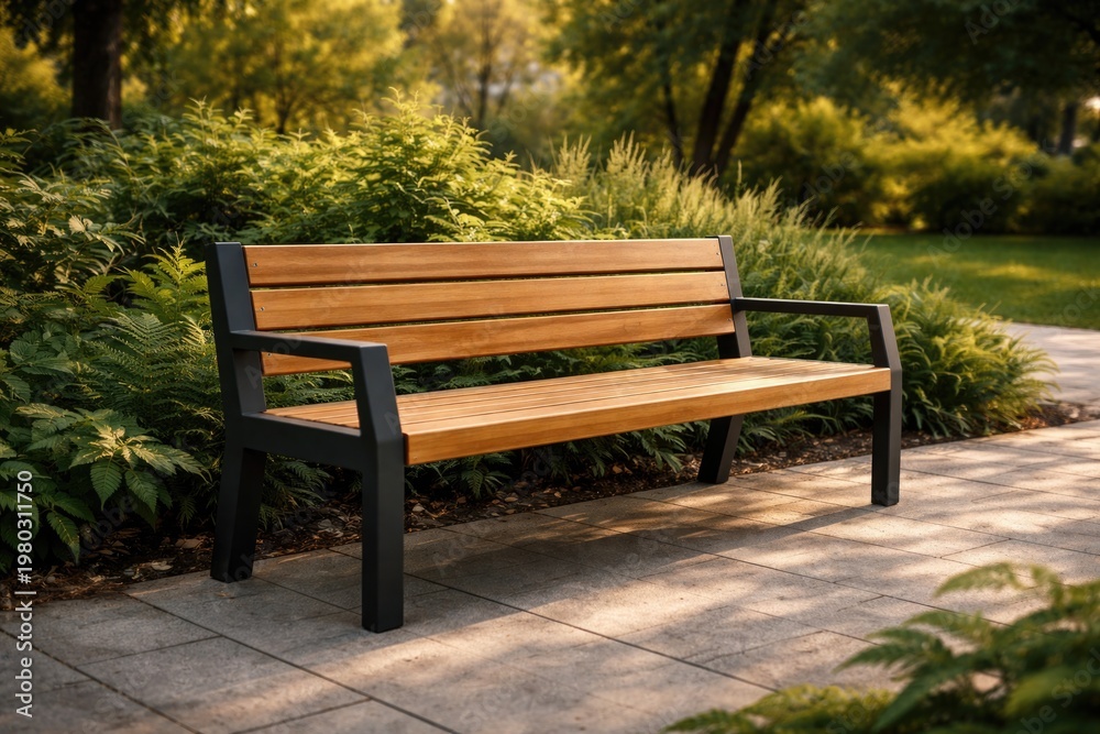 Obraz premium Stylish outdoor bench crafted from durable wood and steel next to lush green foliage perfect for public park settings
