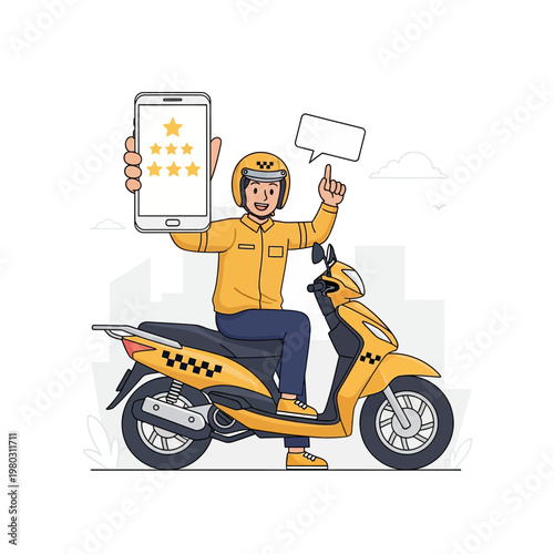 Vector illustration of a smiling motorcycle taxi rider sitting on a yellow scooter, holding a smartphone with a five-star rating and pointing at a blank speech bubble.