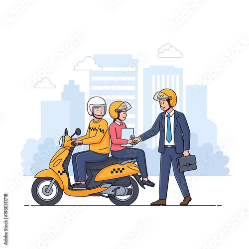 Vector illustration of a yellow motorcycle taxi driver in uniform and a passenger on a scooter shaking hands with a businessman in a suit against a city skyline background.