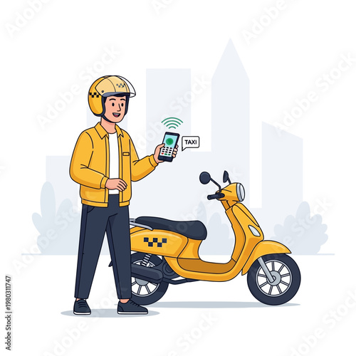 Smiling motorcycle taxi driver in a yellow jacket and helmet standing beside a yellow scooter, holding a smartphone with an online booking app notification against a city skyline.