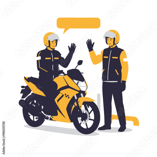 Vector illustration of two motorcycle taxi drivers in yellow and black uniforms with helmets waving; one rider is on a yellow motorcycle while the other stands beside a speech bubble.