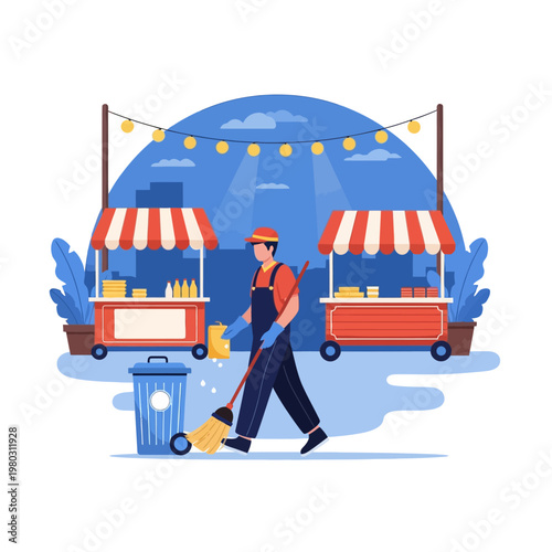 Flat vector illustration of a street cleaner in overalls sweeping with a broom past market food stalls with red striped awnings and decorative lights under a night sky cityscape.