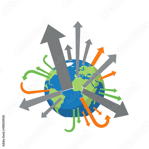 Globe with multicolored arrows pointing out.