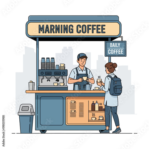 Vector illustration of a male barista serving a female customer at an outdoor coffee stall with an espresso machine, signage, and city silhouette background in line art style.
