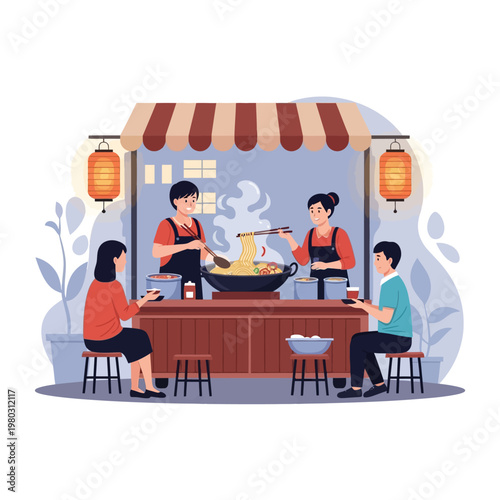 Vector illustration of an outdoor street food stall with two vendors cooking noodles in a large wok while two customers sit at a wooden counter eating bowls of hot ramen.