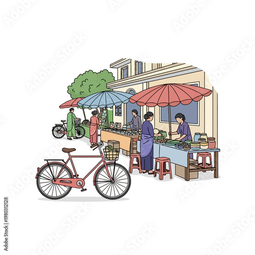 Vector illustration of a South Asian street market featuring women vendors in traditional clothing under colorful umbrellas, stalls with food items, and a red bicycle in the foreground.