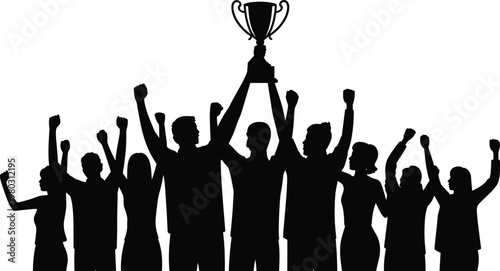 Team victory silhouettes trophy celebration success achievement unity sports flat vector