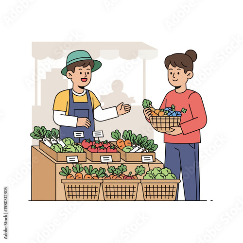 Vector illustration of a male vegetable vendor wearing a hat and apron selling fresh produce like carrots and tomatoes to a female customer at an outdoor street market stall.