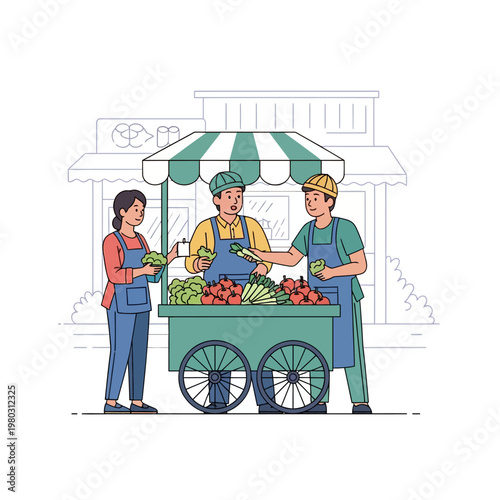 Flat vector illustration depicting a female customer buying fresh produce from two vendors at a mobile green vegetable cart with a striped canopy on a city street background.