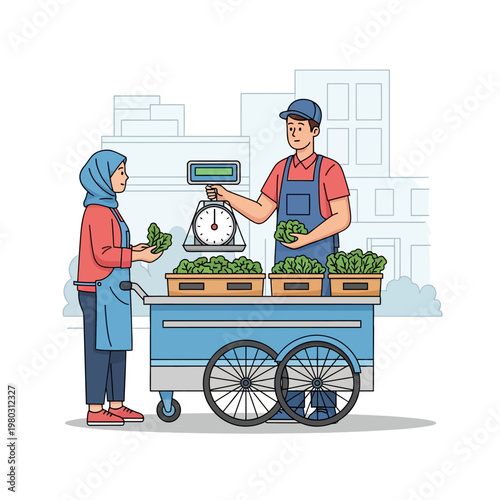 A male and female street vendor in aprons weighing fresh green leafy vegetables using a scale on a blue mobile food cart with an urban city background vector illustration.