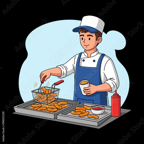 Male street food vendor in a blue apron and white chef uniform deep frying breaded chicken pieces in a metal basket, holding a dipping sauce cup next to trays of crispy fried food.